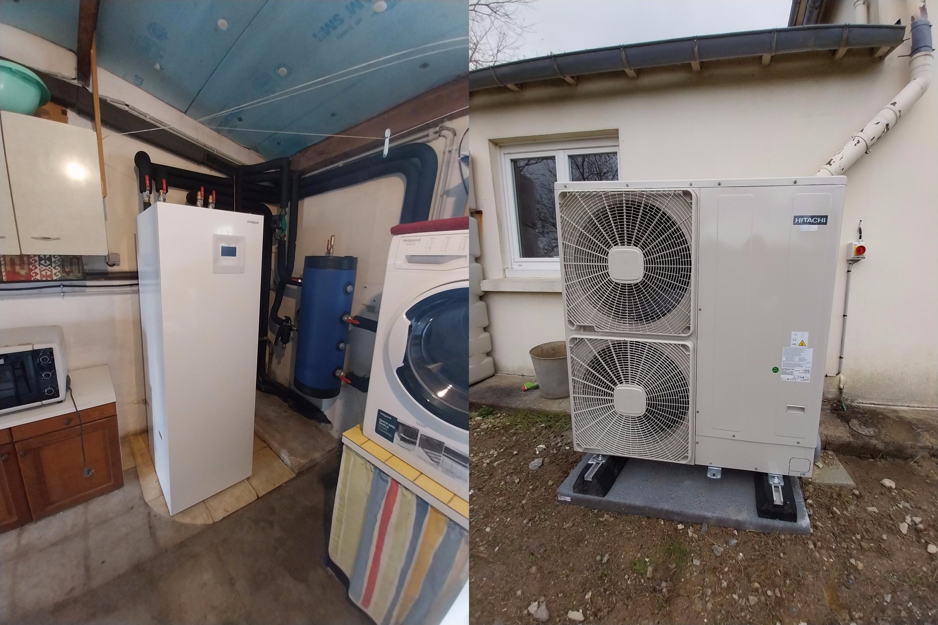 Pompe à chaleur Hitachi. Avec un traitement contre l'air salin afin d'être meilleur sur la longévité du produit.